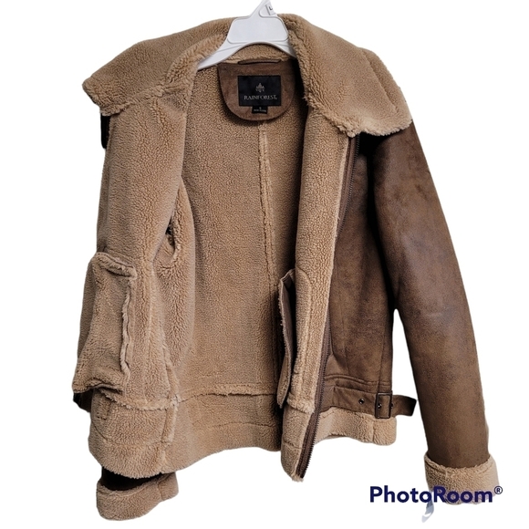 Rainforest Brown Sherpa Lined Full Zip Rain Resistant Bomber Jacket Size Small - Picture 3 of 11